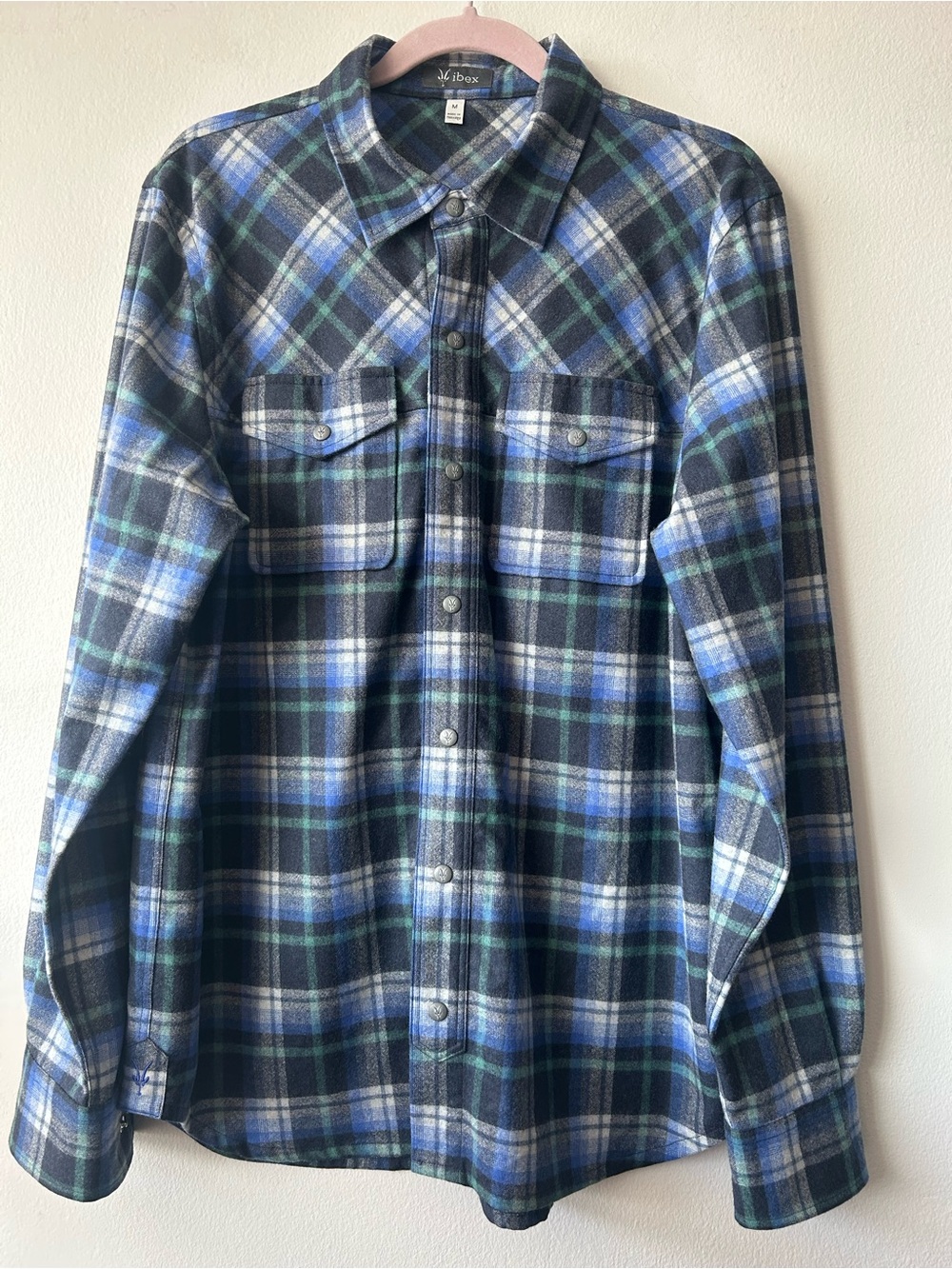 ibex Men’s Blue and Green Plaid Button-Down Wool blend Flannel Shirt